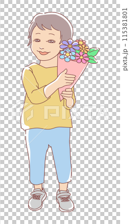 Illustration of a smiling child standing with a bouquet of flowers Illustration of a smiling child standing with a bouquet of flowers 115381801