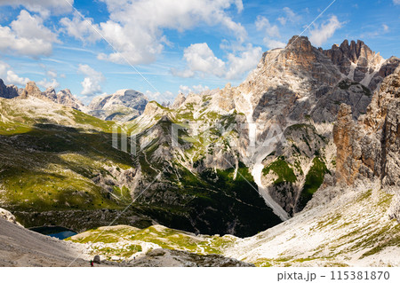 Rocky peaks of Italian Dolomites on sunny summer day 115381870