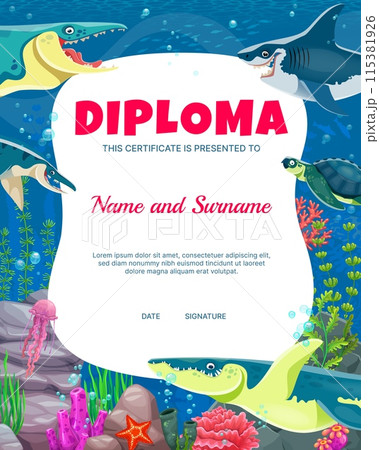 Kids diploma with underwater dinosaurs. Vector school or kindergarten certificate with cartoon tylosaurus, megalodon, archelon, kronosaurus, mosasaurus and jellyfish. Paleontology courses award frame 115381926