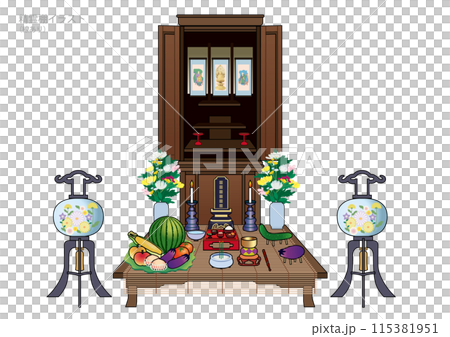 Obon Welcoming Spirit Shelf Illustration with Outline Obon Welcoming Spirit Shelf Illustration with Outline 115381951
