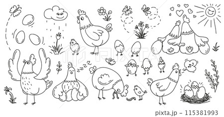 Doodle hen and chickens in various playful activities. Vector farm birds sleeping, interacting with eggs and each other amidst flowers and natural elements. Sketch style line art poultry characters 115381993