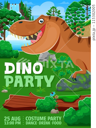 Kids party flyer with t rex dinosaur cartoon character. Vector invitation poster for birthday celebration, with Jurassic period Tyrannosaur dino monster offering fun, games, and prehistoric adventures 115382005