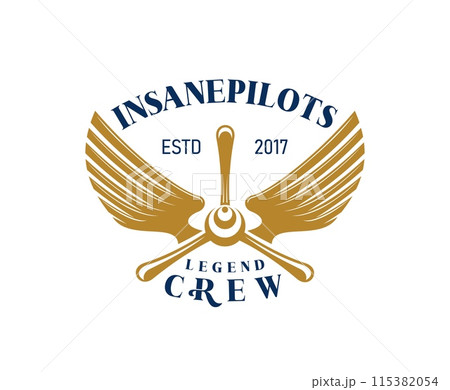 Airline and aircraft aviation icon for insane pilots legend crew. Vector label with golden propeller and wings, symbolizing flight, classic bold typography conveying tradition and sense of adventure 115382054