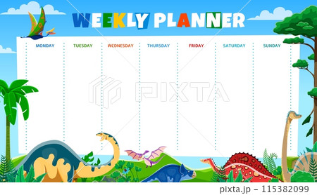 Weekly planner with cartoon dinosaurs. Vector vibrant schedule with playful dino in a prehistoric landscape at clear sky backdrop, Template with spacious daily columns for organizing children routines Weekly planner with cartoon dinosaurs. Vector vibrant schedule with playful dino in a prehistoric landscape at clear sky backdrop, Template with spacious daily columns for organizing children routines 115382099