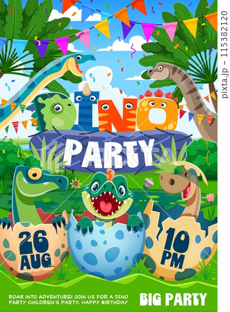 Kid dino party flyer with funny prehistoric dinosaurs. Vector holiday invitation poster template with cartoon cute baby reptiles in the eggshells, coloradisaurus and vulcanodon at jurassic landscape 115382120