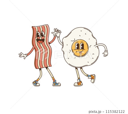 Retro cartoon groovy breakfast bacon and fried egg character. Cute and funny vector friends food personages giving high five and rejoice together. Isolated kawaii funky ingredients exudes friendship 115382122