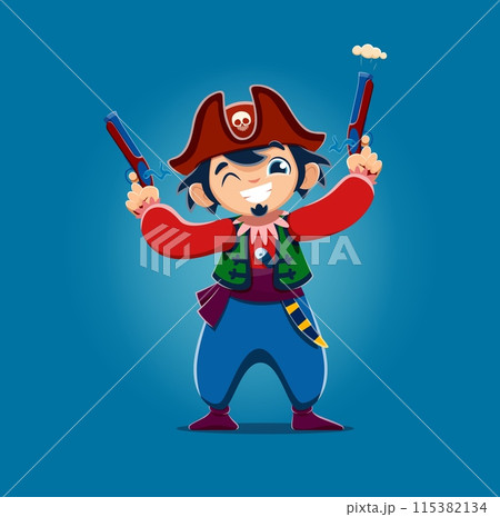 Cartoon kid boy pirate corsair with pistols. Vector young child dressed as a rover, featuring a cheerful expression. Children book personage in red coat, tricorn hat with a skull emblem, holding guns 115382134