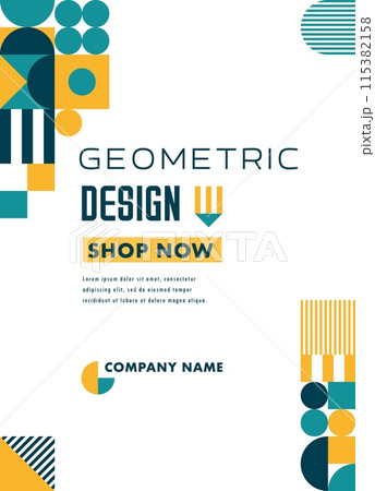 Poster or flyer template with modern geometric pattern and abstract shapes, vector background. Web banner with geometric design of mosaic pattern with trendy triangle and circle shape elements Poster or flyer template with modern geometric pattern and abstract shapes, vector background. Web banner with geometric design of mosaic pattern with trendy triangle and circle shape elements 115382158