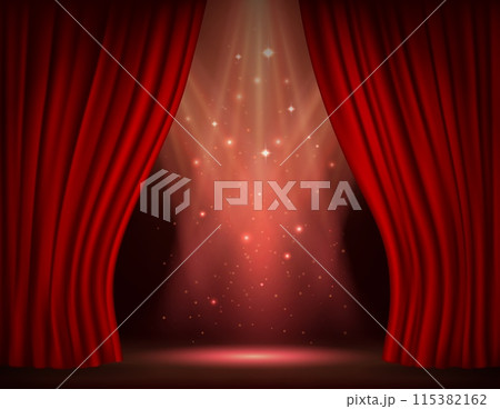 Show stage with red curtains. Realistic 3d vector background with elegant theatrical scarlet drapery with a glowing and mystical beams of light and floating stars, scene for grand performance or event 115382162