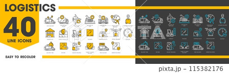 Line icons of logistics. Supply chain, delivery and storage, cargo service transport vector symbols with outline truck, ship, airplane and train, delivery boxes and parcels, warehouse and courier 115382176