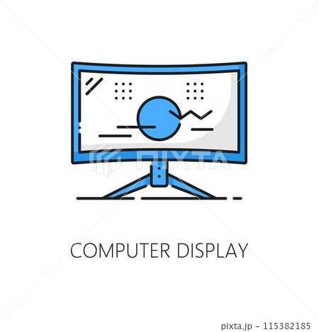 Computer display or monitor software thin line color icon. Digital technology hardware support, computer driver application or software develop line vector icon or pictogram with PC screen Computer display or monitor software thin line color icon. Digital technology hardware support, computer driver application or software develop line vector icon or pictogram with PC screen 115382185