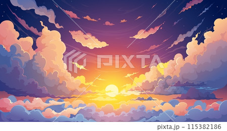 Sky anime sunset background with cartoon clouds and setting sun vector landscape. Summer evening cloudy sky dramatic scene with orange sunlight, stars, white clouds. Anime sunset or twilight panorama 115382186