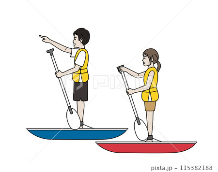 SUP　サップを楽しむ若いカップルのイラスト 115382188
