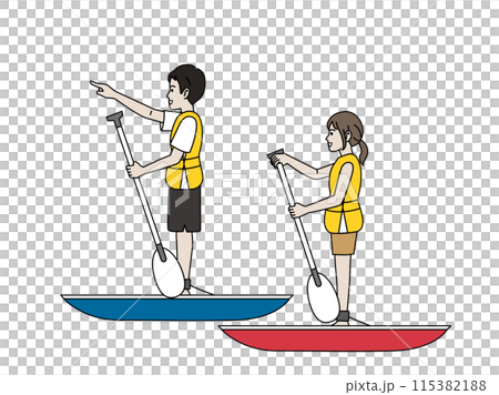 SUP　サップを楽しむ若いカップルのイラスト 115382188