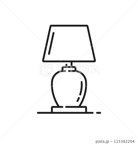 Bedroom desk lamp, electric lantern, halogen light outline icon. House bedroom lamp, office interior light or electric chandelier thin line vector icon. Home desktop lamp linear pictogram or sign 115382204