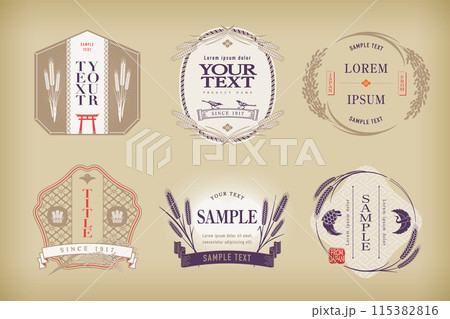 A set of retro Japanese-style logos and labels with rice, wheat and rice plant motifs. 115382816