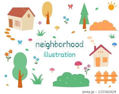 Neighborhood illustration with houses, trees, flowers and plants in a village. Cute doodle for children in flat style design. Neighborhood illustration with houses, trees, flowers and plants in a village. Cute doodle for children in flat style design. 115382829