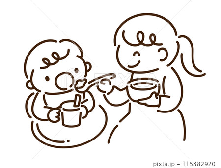 母親に離乳食を食べさせてもらう赤ちゃん（白黒線画） 115382920