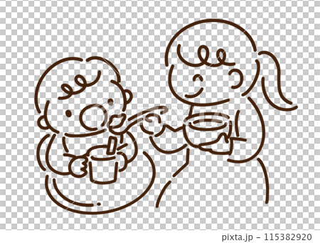 母親に離乳食を食べさせてもらう赤ちゃん（白黒線画） 115382920
