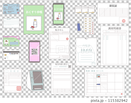 A set of materials for items to bring to a pharmacy, prescriptions, electronic prescriptions, electronic medicine notebooks, etc. (Text included) 115382942