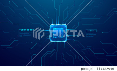 CPU chip on technology blue background. Circuit board and core 115382946
