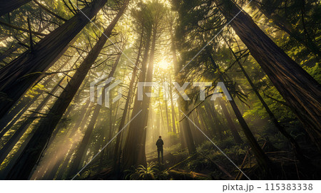 a solitary  figure standing in the midst of a lush forest, their face illuminated by the soft glow of sunlight filtering through the canopy above 115383338