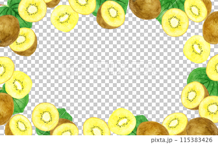 ゴールドキウイのフレーム　果物の手描き水彩イラスト背景素材 115383426