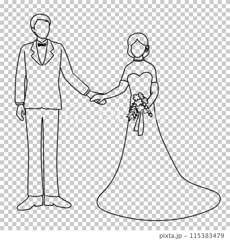 Line drawing of a portrait of a bride and groom holding hands 115383479