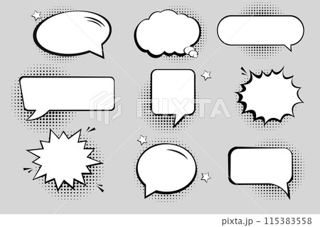 Retro empty comic bubbles and elements set with black halftone shadows.  115383558