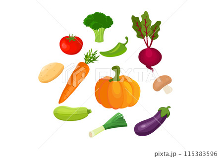 Vector vegetables icons set in cartoon style. Vector vegetables icons set in cartoon style. 115383596