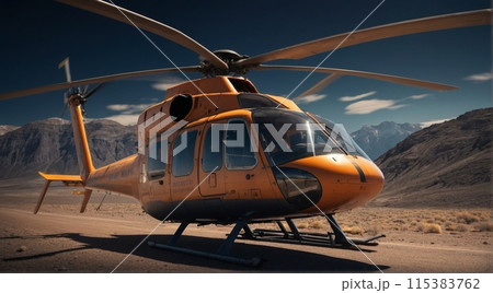Rendering of a cargo helicopter delivering cargo to remote and rugged areas of rocky landscapes 115383762