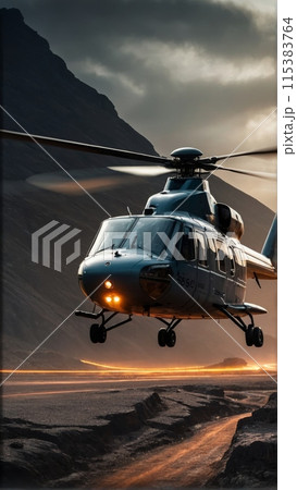 Rendering of a cargo helicopter delivering cargo to remote and rugged areas of rocky landscapes 115383764