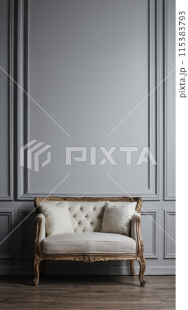 An empty picture frame hangs on the wall. Mock up. 115383793