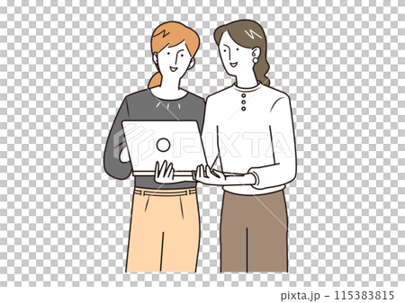 Female employees holding a computer and discussing 115383815