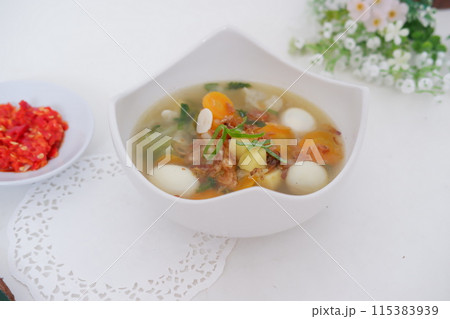 delicious quail egg soup as background 115383939