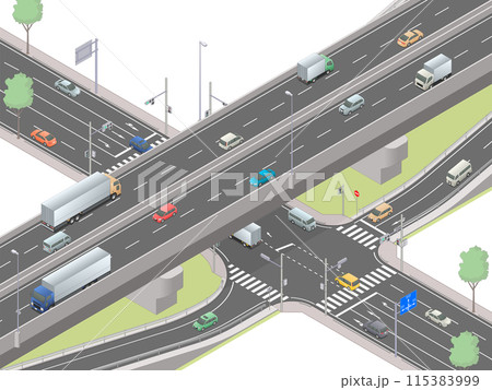 アイソメトリック図法で描いた道路の立体交差イメージ(無地) アイソメトリック図法で描いた道路の立体交差イメージ(無地) 115383999