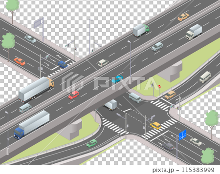 アイソメトリック図法で描いた道路の立体交差イメージ(無地) アイソメトリック図法で描いた道路の立体交差イメージ(無地) 115383999