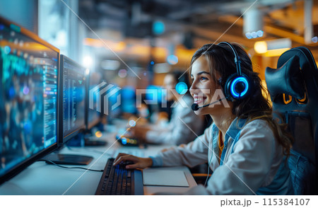 A young woman is streaming and gaming at an esports center with great enthusiasm and energy A young woman is streaming and gaming at an esports center with great enthusiasm and energy 115384107