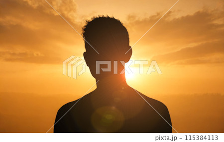 Silhouette person during golden hour, sunset backdrop, serene landscape, contemplative mood, man watching warm sunlight, dusk sky gradient Silhouette person during golden hour, sunset backdrop, serene landscape, contemplative mood, man watching warm sunlight, dusk sky gradient 115384113