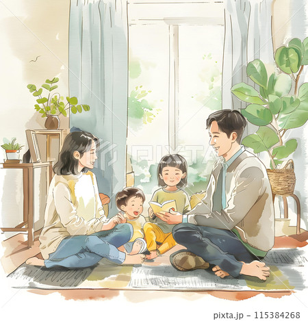 このイラストは、家族がリビングルームで絵本を楽しむ温かい場面を描い