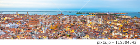 Picturesque Panorama of Venice at Dusk Highlighting Historic Architecture and Waterways, Venice, Italy Picturesque Panorama of Venice at Dusk Highlighting Historic Architecture and Waterways, Venice, Italy 115384342