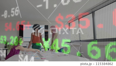 Image of financial data processing over diverse business people in office 115384862