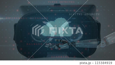 Image of online cloud padlock over robot's arm and vr headset in background 115384919
