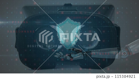 Image of online shield padlock over robot's arm and vr headset in background Image of online shield padlock over robot's arm and vr headset in background 115384921
