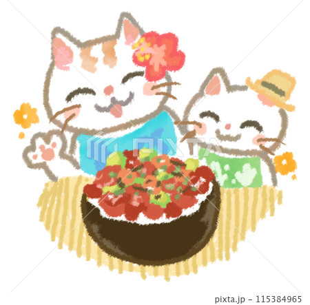 ハワイ料理のポキ丼を喜ぶ猫たち ハワイ料理のポキ丼を喜ぶ猫たち 115384965