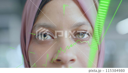 Image of financial data processing over biracial businesswoman in hijab in office 115384980