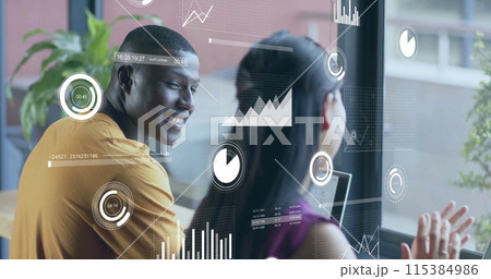 Image of financial data processing over diverse businesspeople in office Image of financial data processing over diverse businesspeople in office 115384986