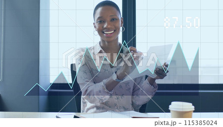 Image of financial data processing over african american businesswoman working in office Image of financial data processing over african american businesswoman working in office 115385024