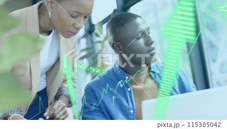 Image of financial data processing over diverse businesspeople working in office 115385042