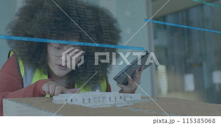 Image of financial data processing over biracial woman checking 3d model in office Image of financial data processing over biracial woman checking 3d model in office 115385068